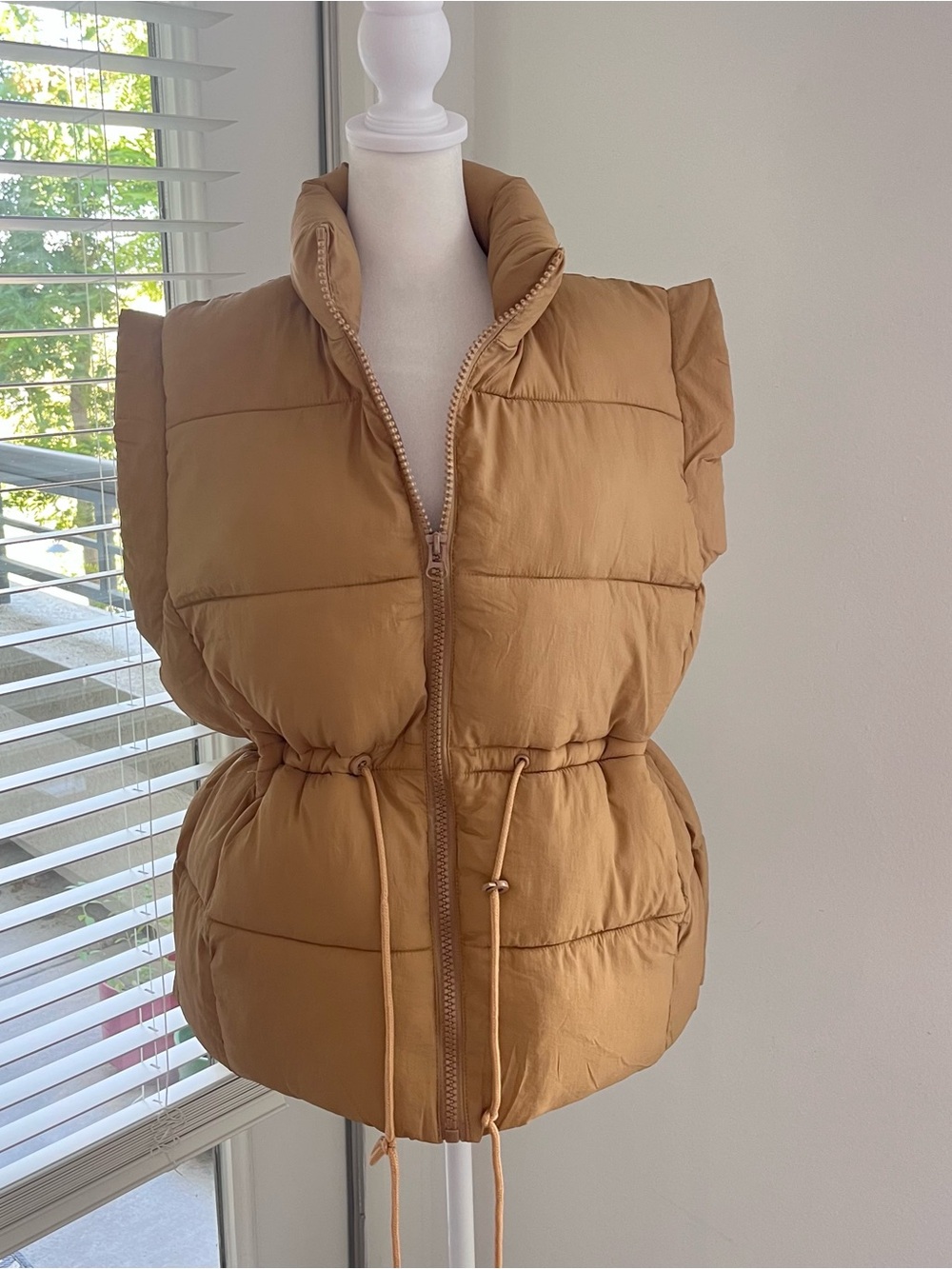 Camel Quilted Puffer Vest with Drawstring Waist